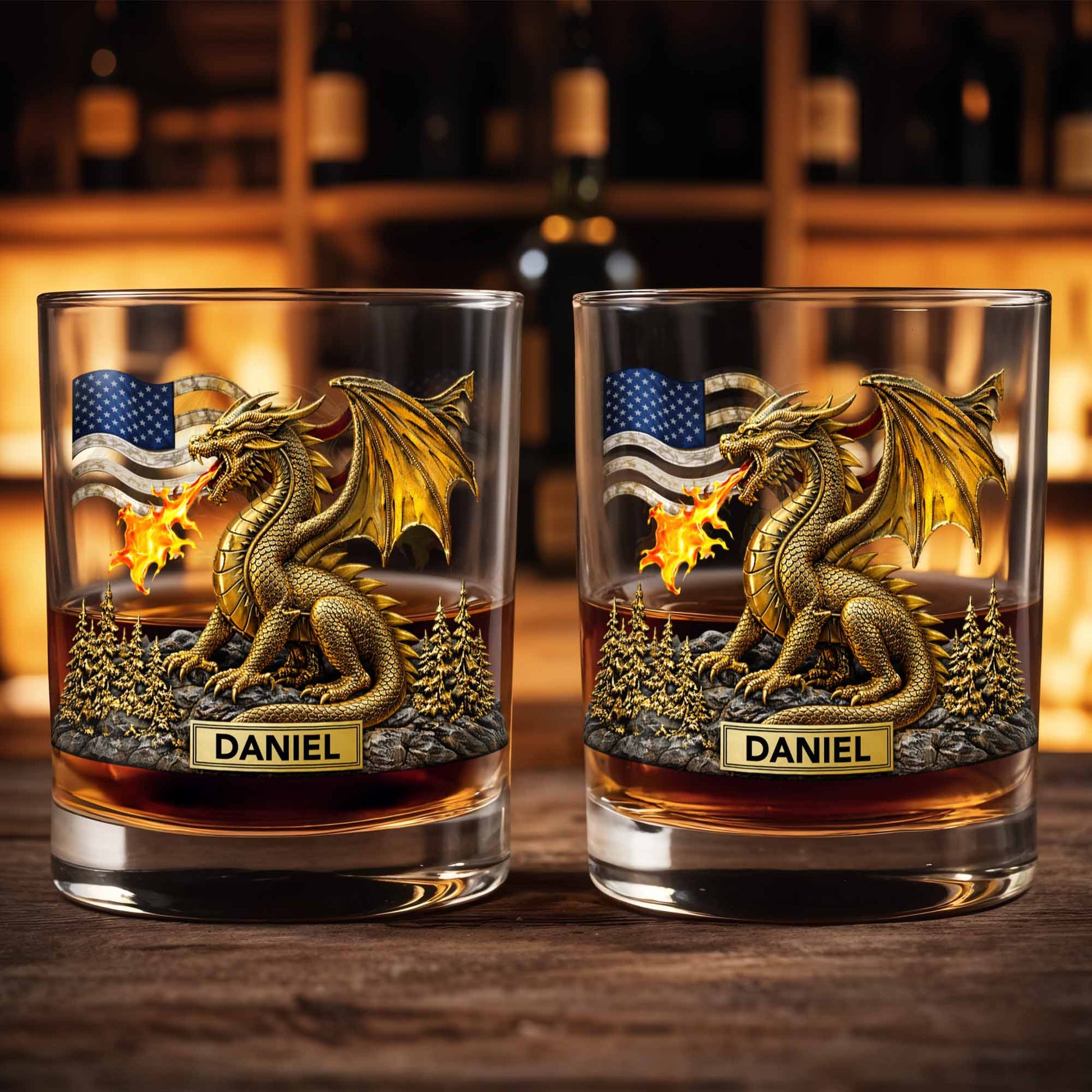 Fierce Golden Dragon Breathing Fire And American Flag With Pine Trees - Personalized Custom Whiskey Glass - HOB110_RWG