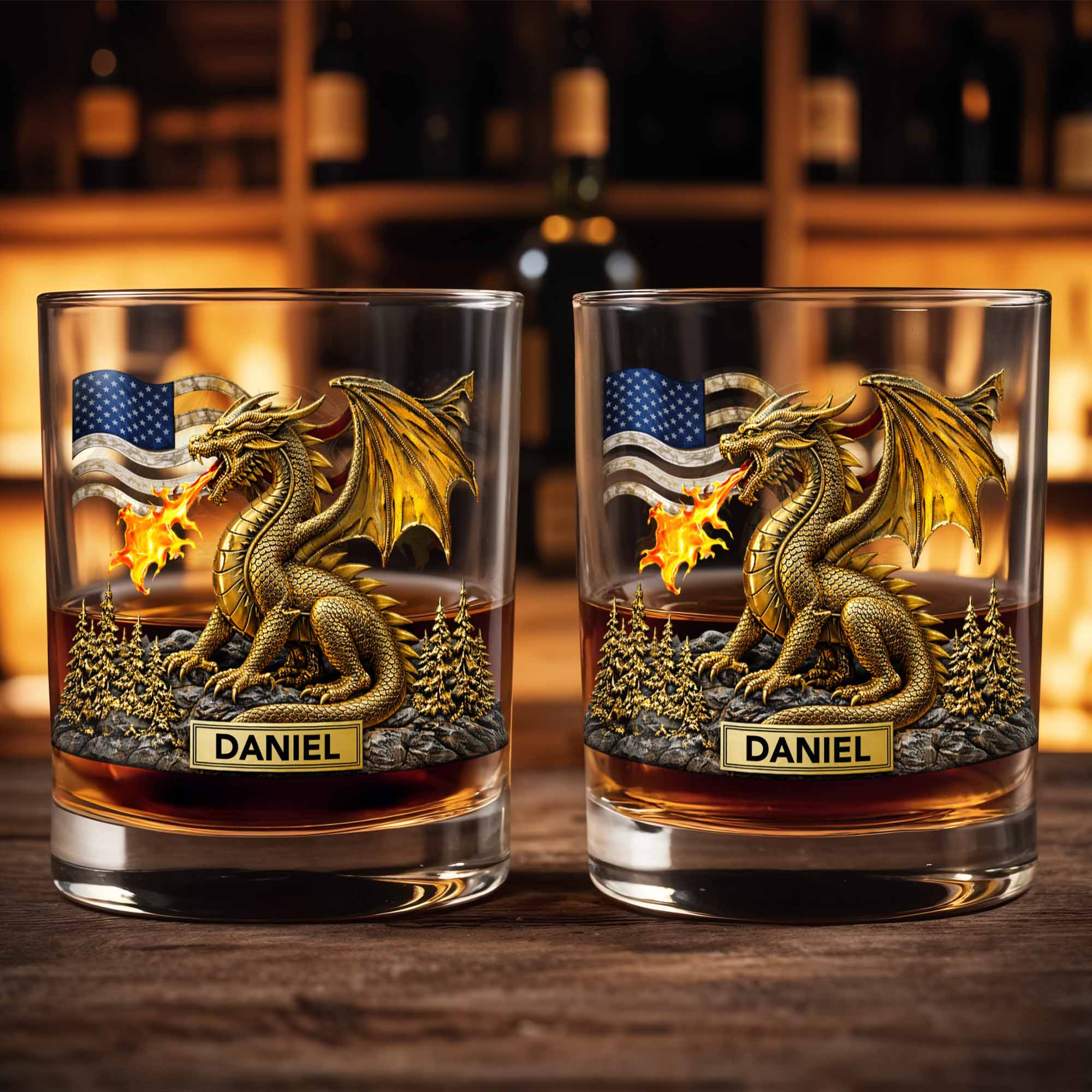Fierce Golden Dragon Breathing Fire And American Flag With Pine Trees - Personalized Custom Whiskey Glass - HOB110_RWG
