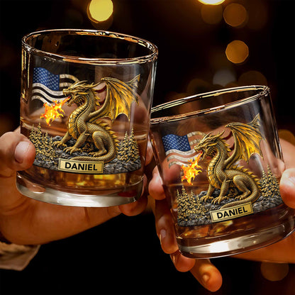 Fierce Golden Dragon Breathing Fire And American Flag With Pine Trees - Personalized Custom Whiskey Glass - HOB110_RWG