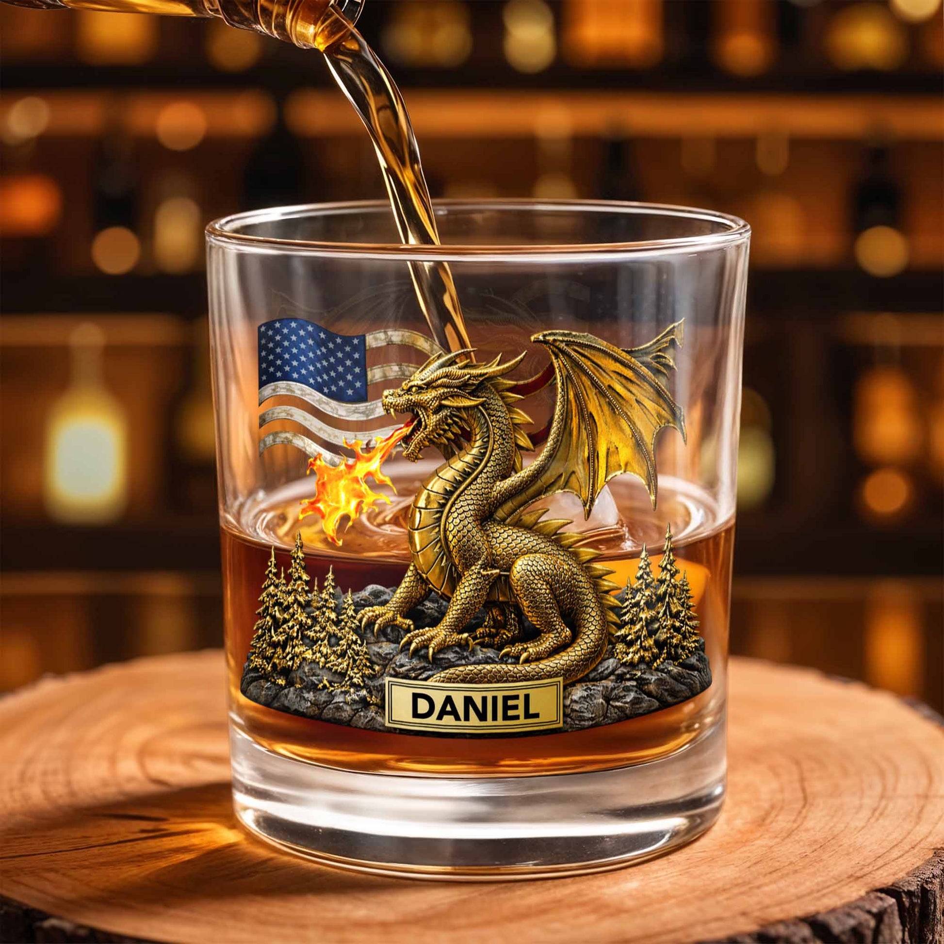 Fierce Golden Dragon Breathing Fire And American Flag With Pine Trees - Personalized Custom Whiskey Glass - HOB110_RWG