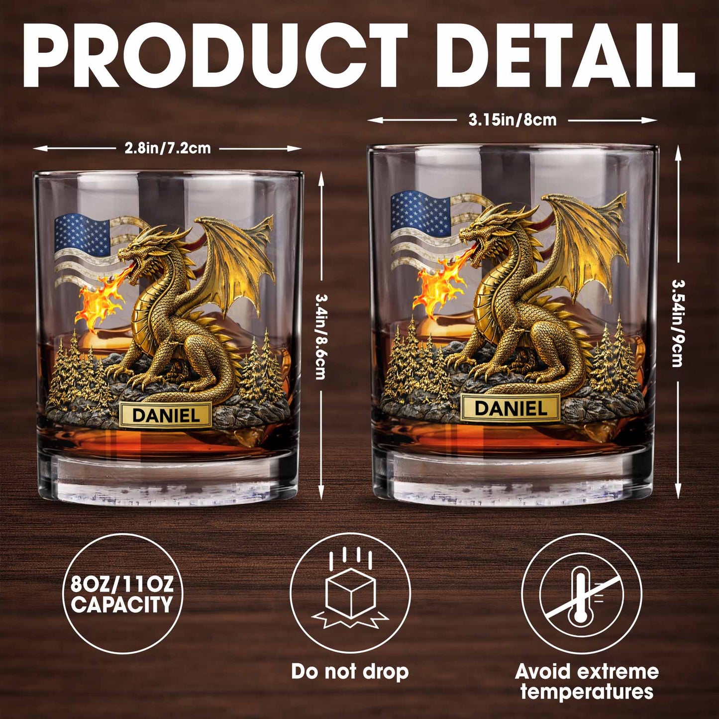 Fierce Golden Dragon Breathing Fire And American Flag With Pine Trees - Personalized Custom Whiskey Glass - HOB110_RWG