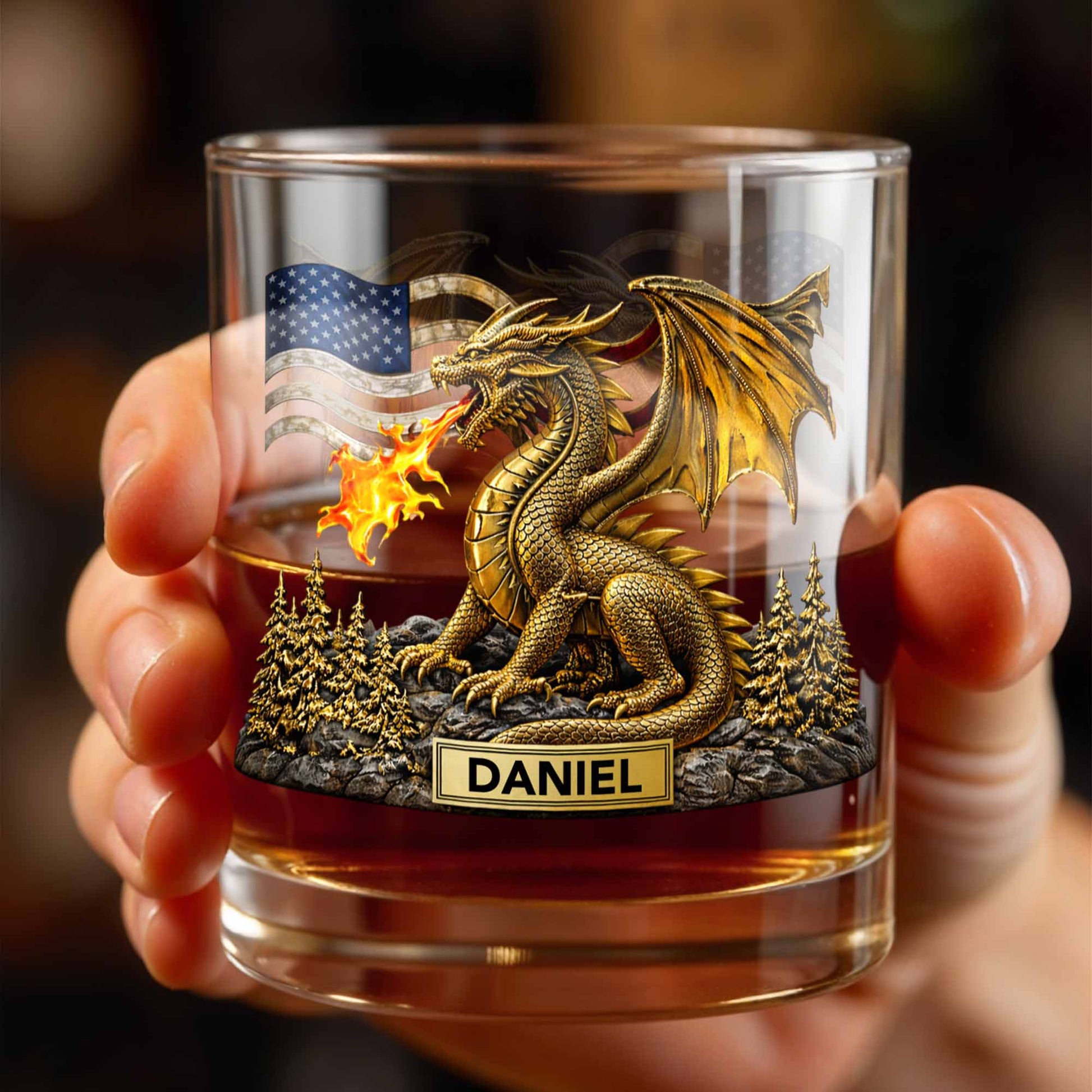 Fierce Golden Dragon Breathing Fire And American Flag With Pine Trees - Personalized Custom Whiskey Glass - HOB110_RWG