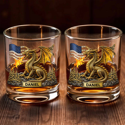 Fierce Golden Dragon Breathing Fire And American Flag With Pine Trees - Personalized Custom Whiskey Glass - HOB110_RWG