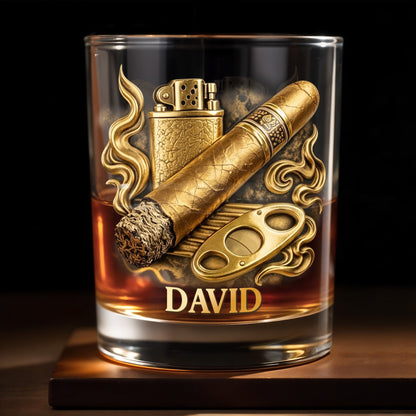 Relaxation With Fine Blend And Premium Cigar Lighter Gold Design - Personalized Custom Whiskey Glass - HOB193_RWG