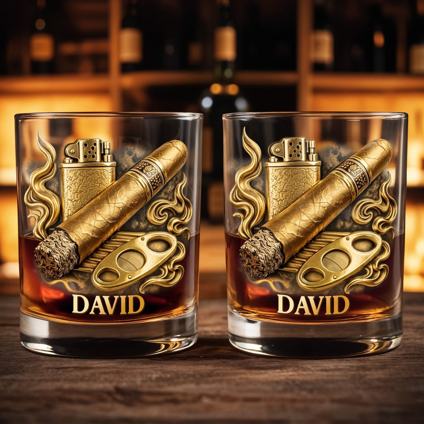 Relaxation With Fine Blend And Premium Cigar Lighter Gold Design - Personalized Custom Whiskey Glass - HOB193_RWG