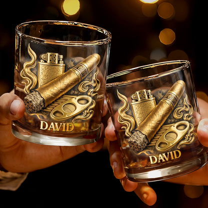 Relaxation With Fine Blend And Premium Cigar Lighter Gold Design - Personalized Custom Whiskey Glass - HOB193_RWG
