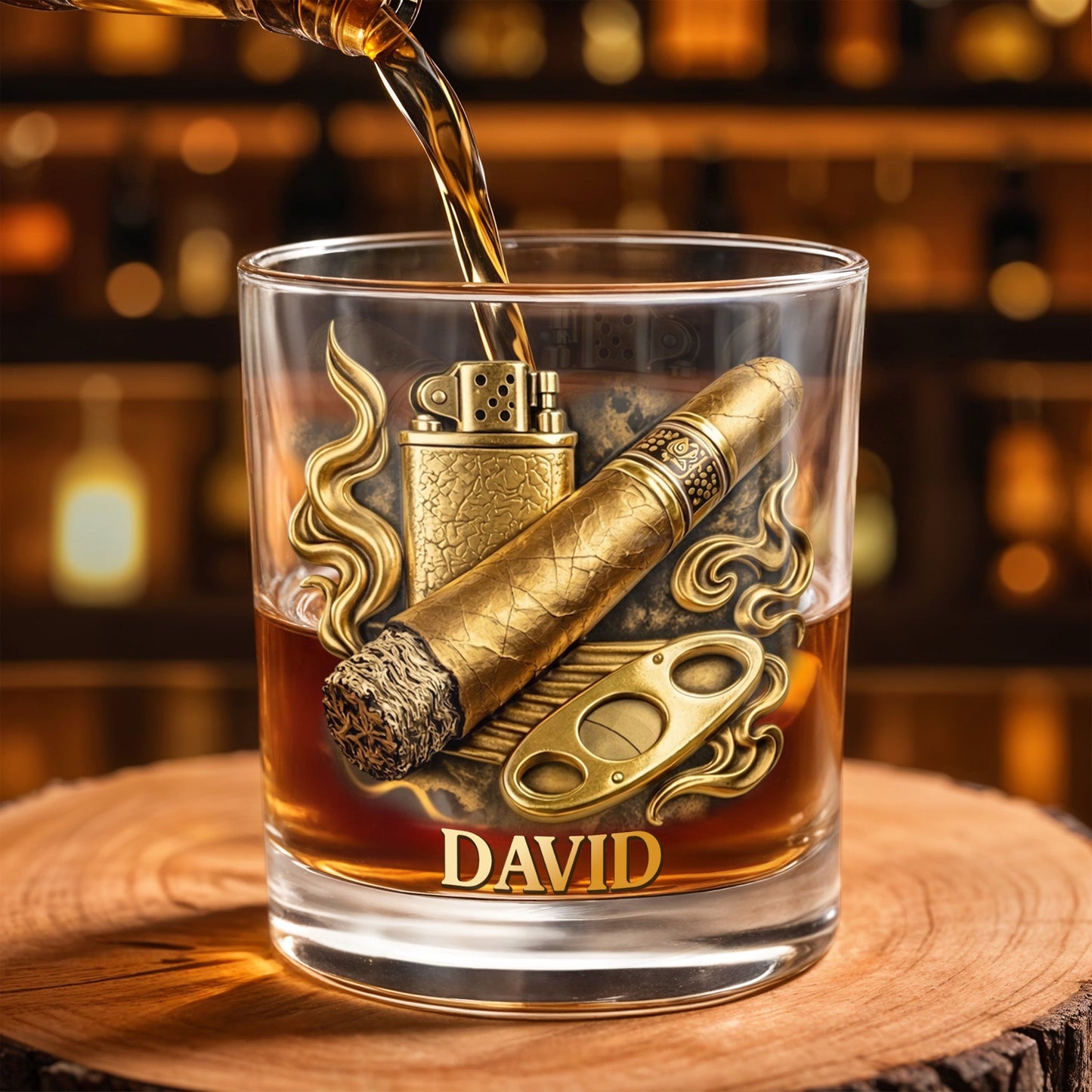 Relaxation With Fine Blend And Premium Cigar Lighter Gold Design - Personalized Custom Whiskey Glass - HOB193_RWG