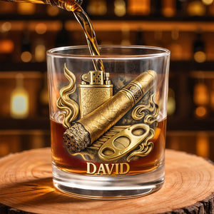 Relaxation With Fine Blend And Premium Cigar Lighter Gold Design - Personalized Custom Whiskey Glass - HOB193_RWG