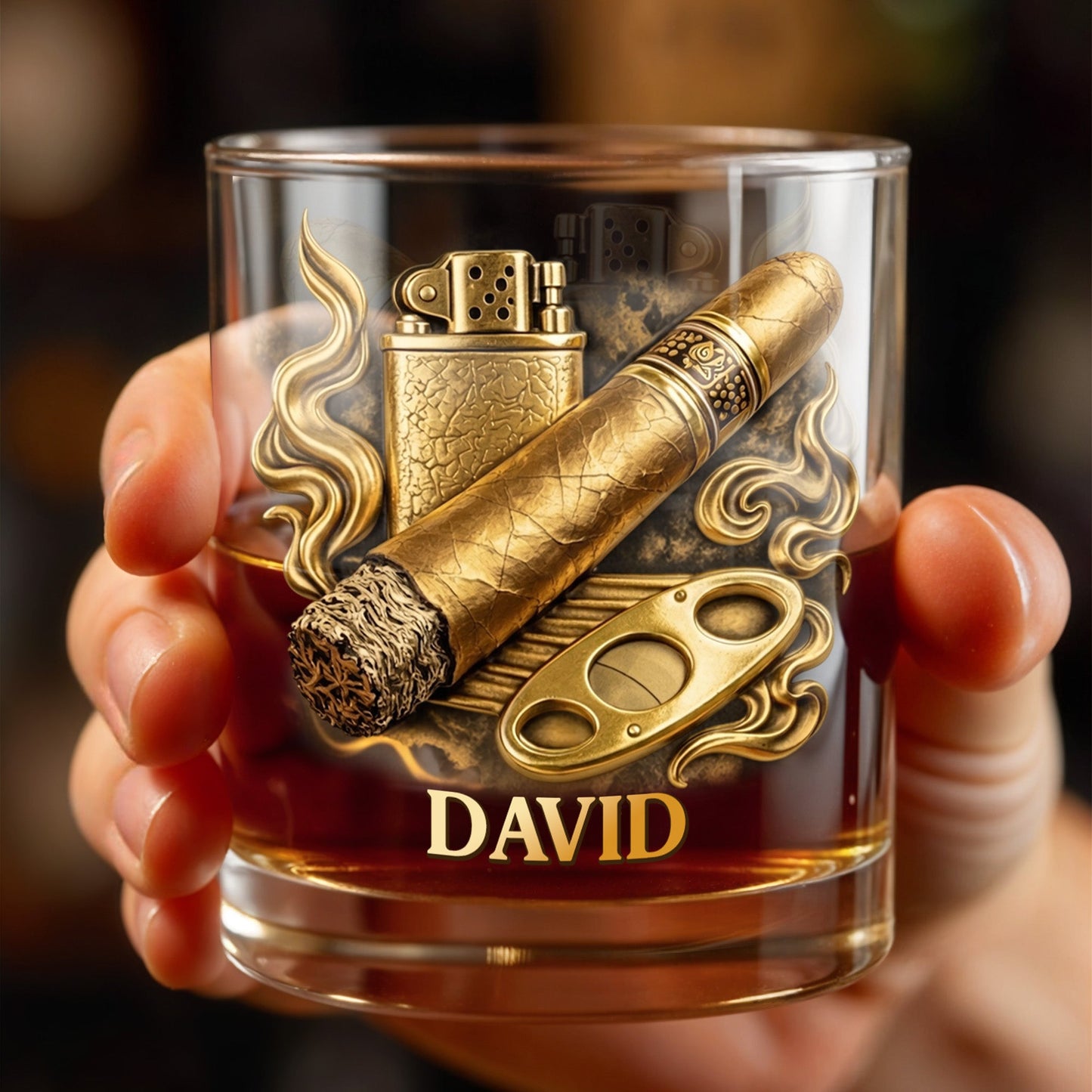 Relaxation With Fine Blend And Premium Cigar Lighter Gold Design - Personalized Custom Whiskey Glass - HOB193_RWG