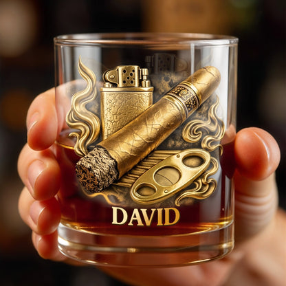 Relaxation With Fine Blend And Premium Cigar Lighter Gold Design - Personalized Custom Whiskey Glass - HOB193_RWG