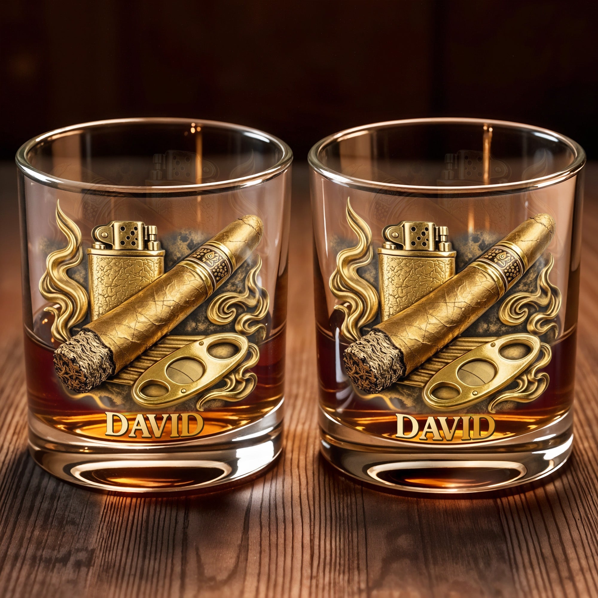 Relaxation With Fine Blend And Premium Cigar Lighter Gold Design - Personalized Custom Whiskey Glass - HOB193_RWG