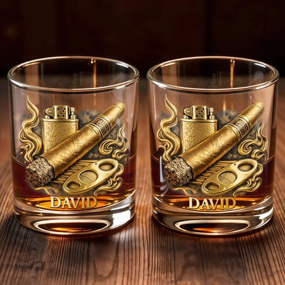 Relaxation With Fine Blend And Premium Cigar Lighter Gold Design - Personalized Custom Whiskey Glass - HOB193_RWG