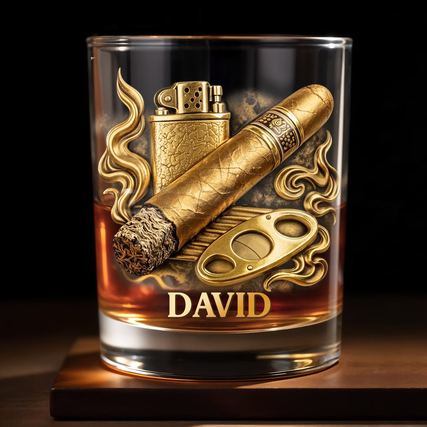 Relaxation With Fine Blend And Premium Cigar Lighter Gold Design - Personalized Custom Whiskey Glass - HOB193_RWG