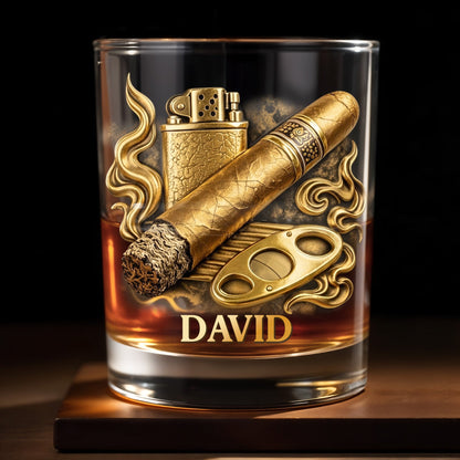 Relaxation With Fine Blend And Premium Cigar Lighter Gold Design - Personalized Custom Whiskey Glass - HOB193_RWG