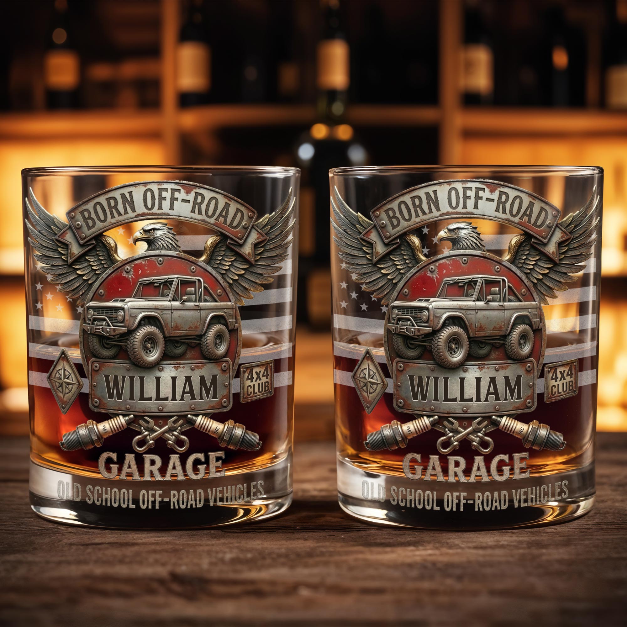 Born Off Road Garage Old School Vehicles With Eagle And Off Road Vehicle - Personalized Custom Whiskey Glass - HOB198_RWG