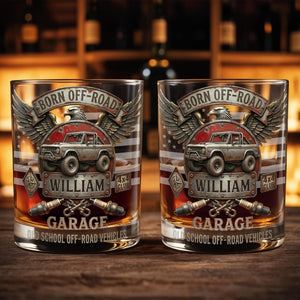Born Off Road Garage Old School Vehicles With Eagle And Off Road Vehicle - Personalized Custom Whiskey Glass - HOB198_RWG