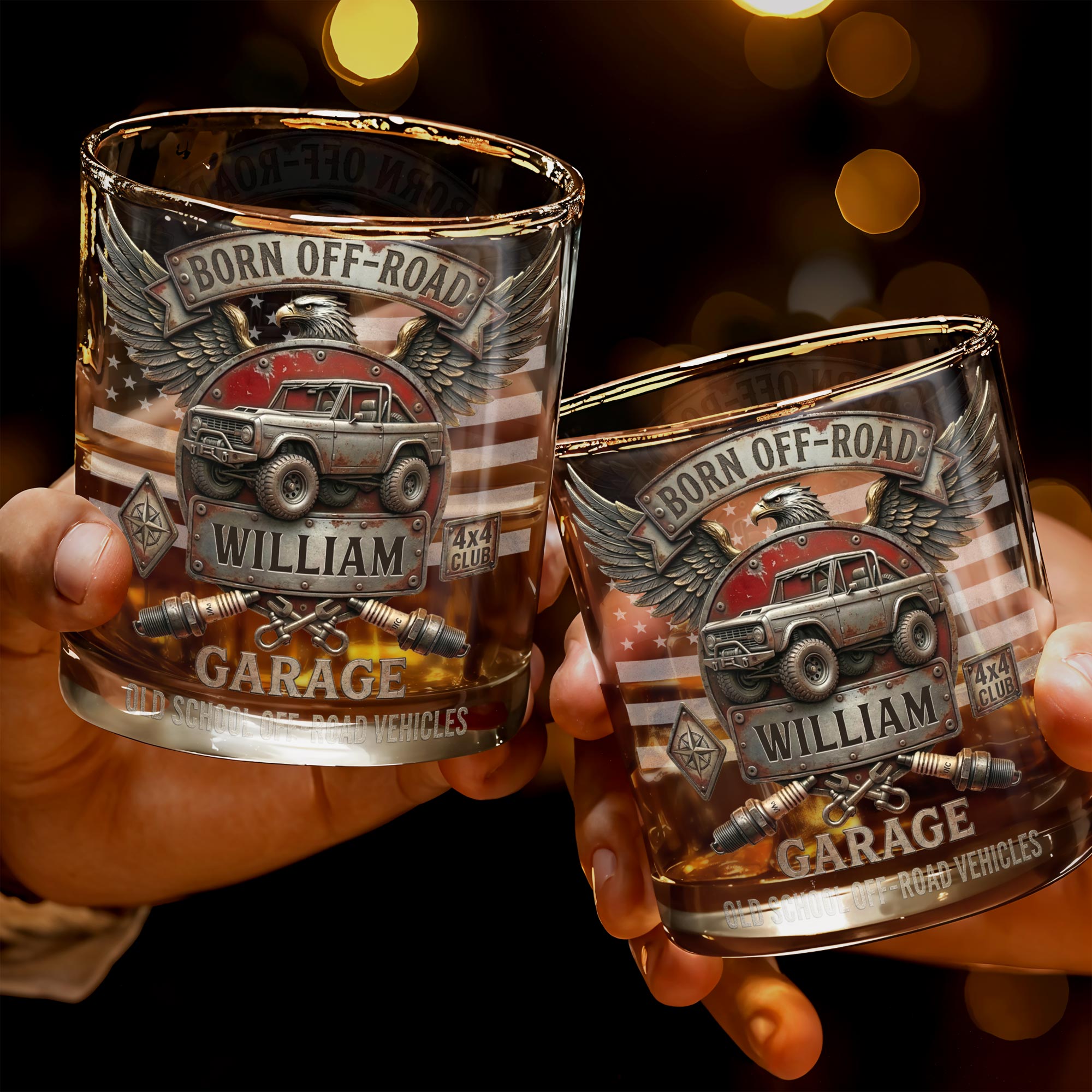 Born Off Road Garage Old School Vehicles With Eagle And Off Road Vehicle - Personalized Custom Whiskey Glass - HOB198_RWG