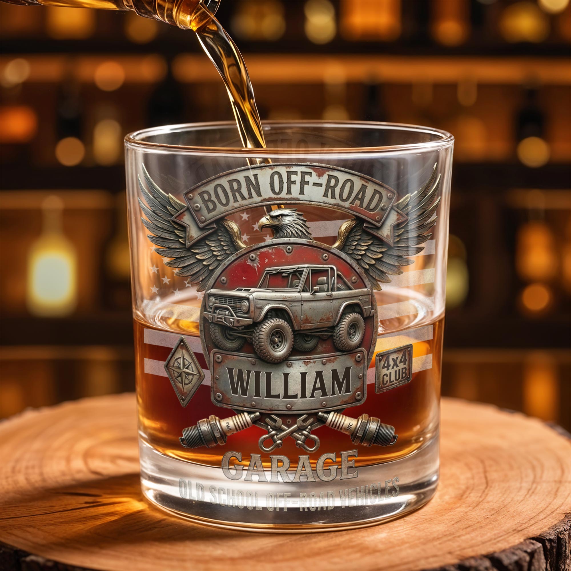 Born Off Road Garage Old School Vehicles With Eagle And Off Road Vehicle - Personalized Custom Whiskey Glass - HOB198_RWG