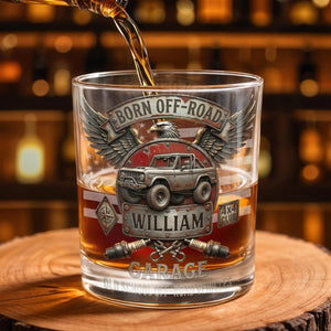 Born Off Road Garage Old School Vehicles With Eagle And Off Road Vehicle - Personalized Custom Whiskey Glass - HOB198_RWG