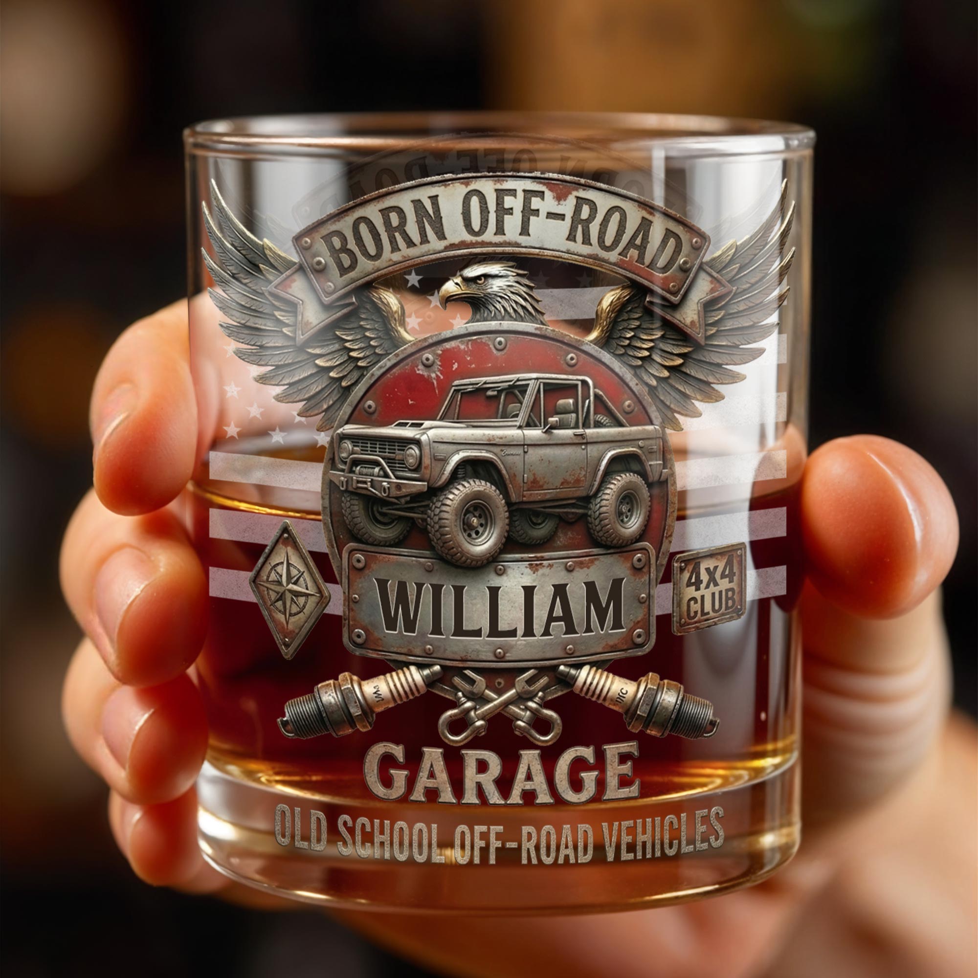 Born Off Road Garage Old School Vehicles With Eagle And Off Road Vehicle - Personalized Custom Whiskey Glass - HOB198_RWG
