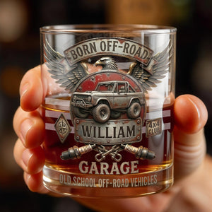 Born Off Road Garage Old School Vehicles With Eagle And Off Road Vehicle - Personalized Custom Whiskey Glass - HOB198_RWG