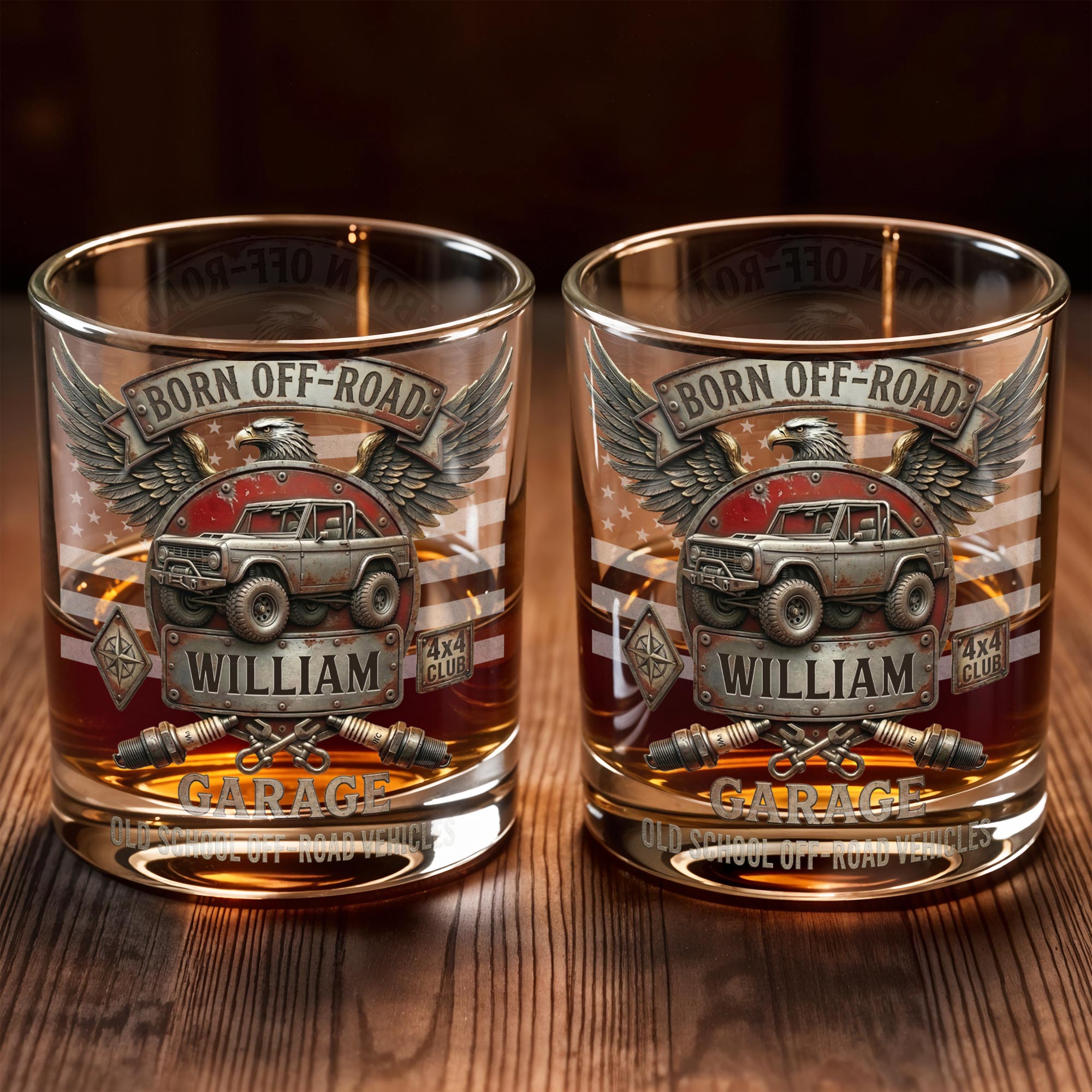 Born Off Road Garage Old School Vehicles With Eagle And Off Road Vehicle - Personalized Custom Whiskey Glass - HOB198_RWG