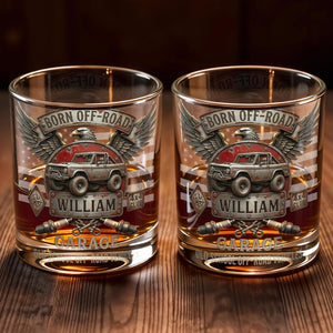 Born Off Road Garage Old School Vehicles With Eagle And Off Road Vehicle - Personalized Custom Whiskey Glass - HOB198_RWG