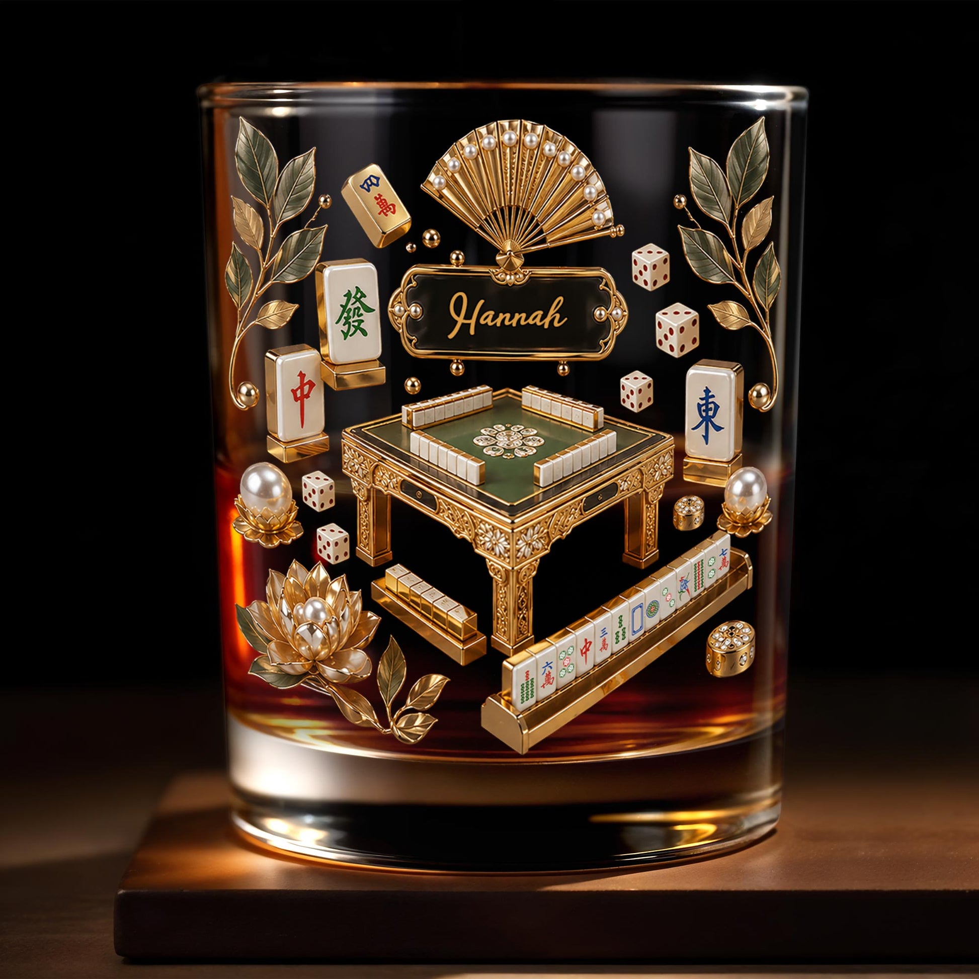Mahjong Master Game Table With Gold Tiles And Pearls - Personalized Custom Whiskey Glass - HOB219_RWG