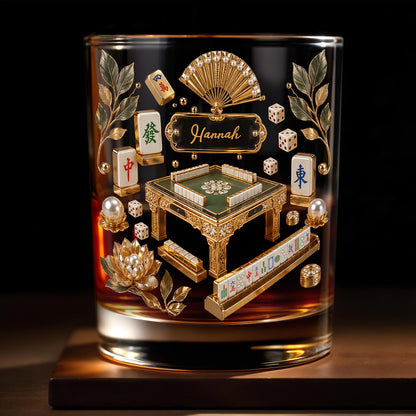 Mahjong Master Game Table With Gold Tiles And Pearls - Personalized Custom Whiskey Glass - HOB219_RWG