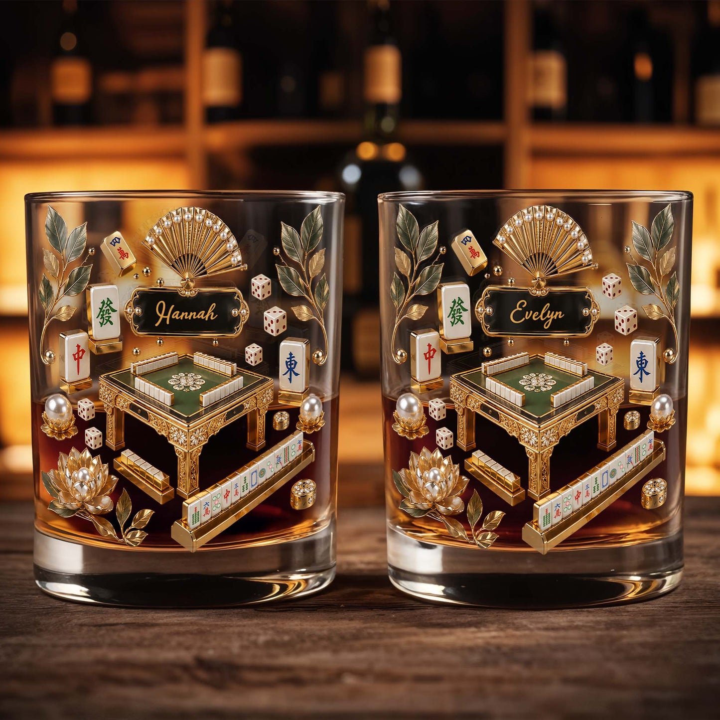 Mahjong Master Game Table With Gold Tiles And Pearls - Personalized Custom Whiskey Glass - HOB219_RWG