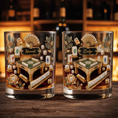 Mahjong Master Game Table With Gold Tiles And Pearls - Personalized Custom Whiskey Glass - HOB219_RWG