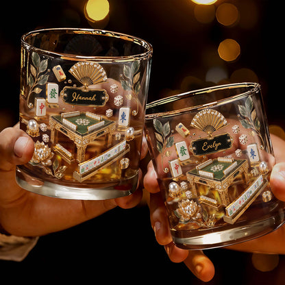 Mahjong Master Game Table With Gold Tiles And Pearls - Personalized Custom Whiskey Glass - HOB219_RWG