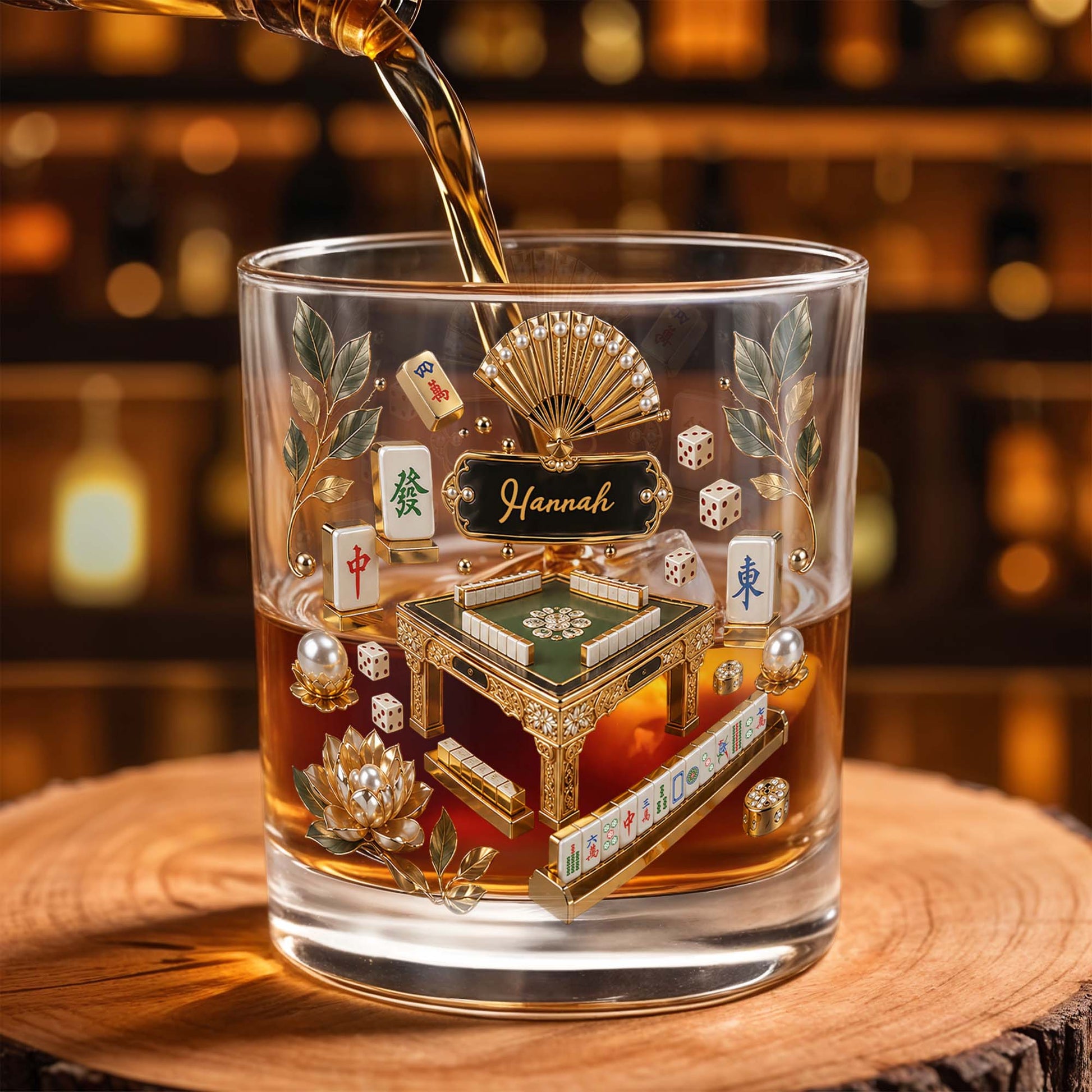 Mahjong Master Game Table With Gold Tiles And Pearls - Personalized Custom Whiskey Glass - HOB219_RWG