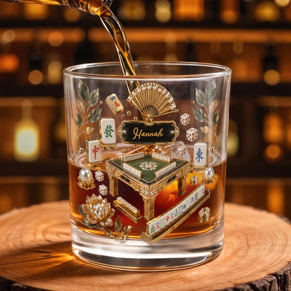 Mahjong Master Game Table With Gold Tiles And Pearls - Personalized Custom Whiskey Glass - HOB219_RWG