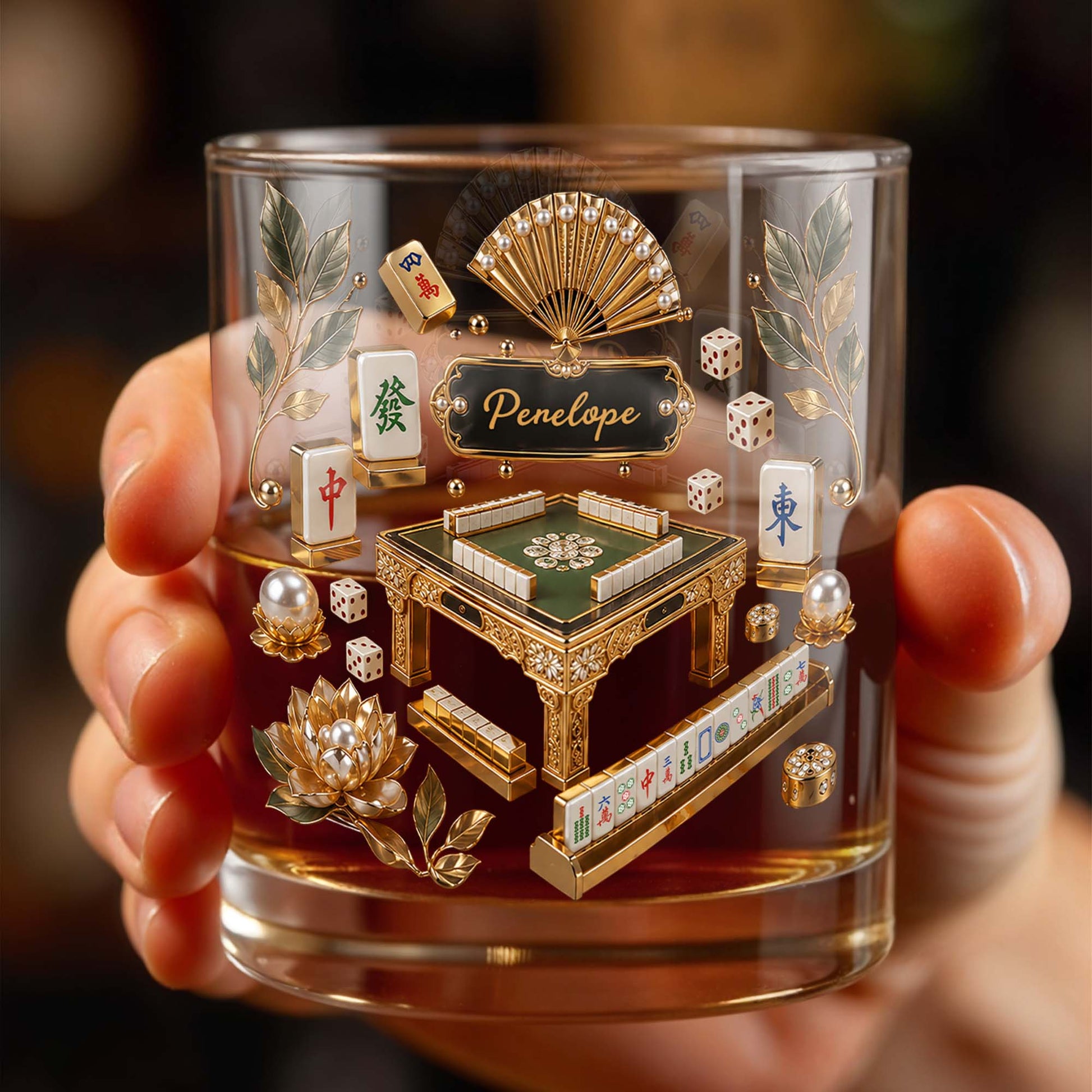 Mahjong Master Game Table With Gold Tiles And Pearls - Personalized Custom Whiskey Glass - HOB219_RWG