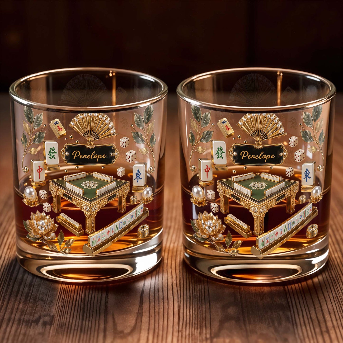 Mahjong Master Game Table With Gold Tiles And Pearls - Personalized Custom Whiskey Glass - HOB219_RWG