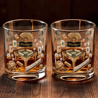 Mahjong Master Game Table With Gold Tiles And Pearls - Personalized Custom Whiskey Glass - HOB219_RWG
