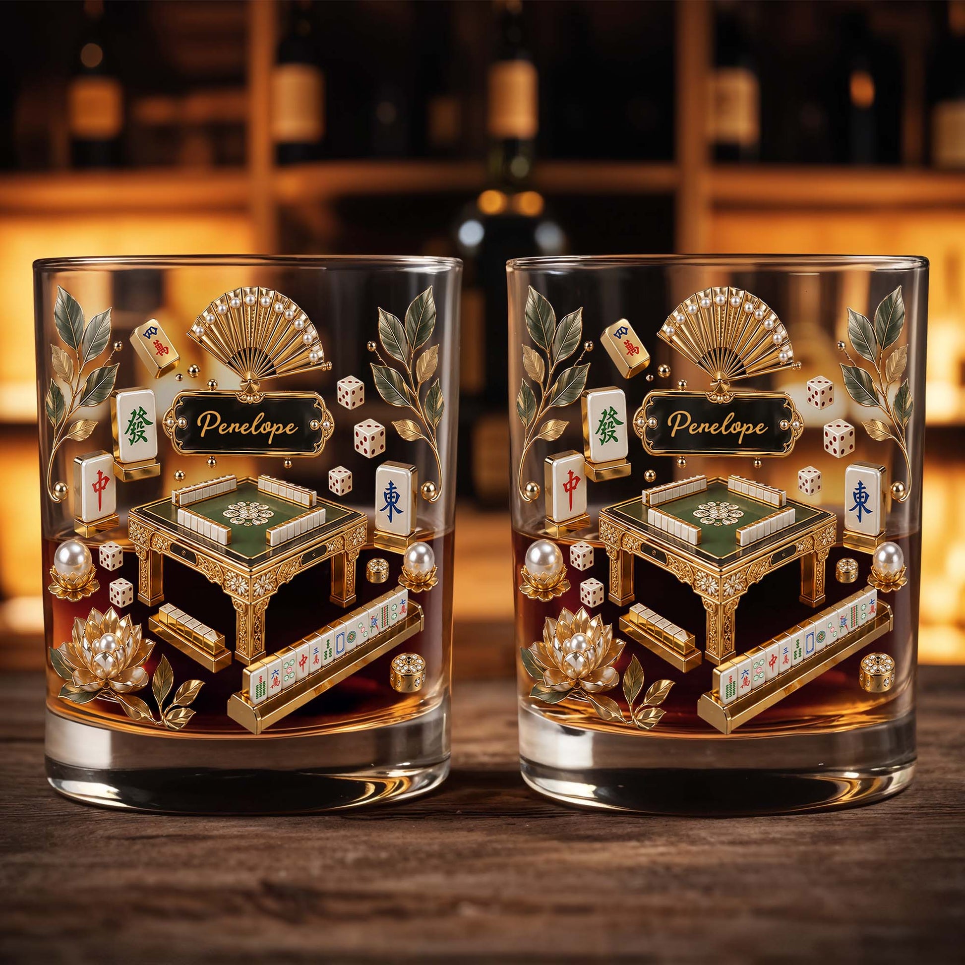 Mahjong Master Game Table With Gold Tiles And Pearls - Personalized Custom Whiskey Glass - HOB219_RWG