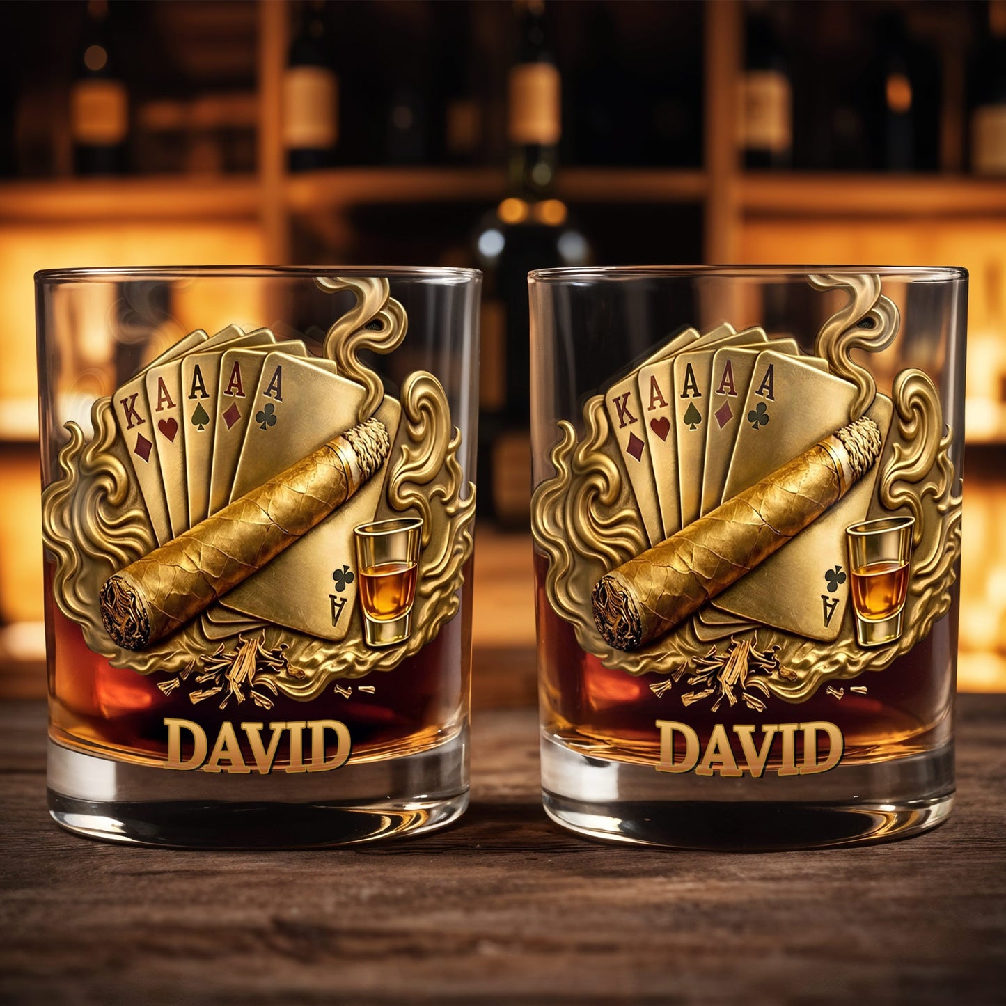 Savor The Taste Of Victory Playing Cards And Cigar Design - Personalized Custom Whiskey Glass - HOB225_RWG