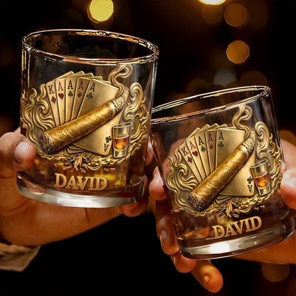 Savor The Taste Of Victory Playing Cards And Cigar Design - Personalized Custom Whiskey Glass - HOB225_RWG