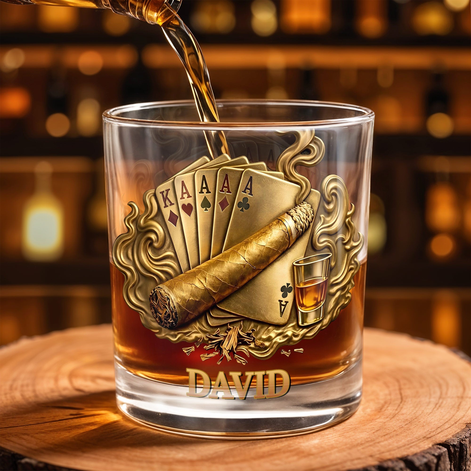 Savor The Taste Of Victory Playing Cards And Cigar Design - Personalized Custom Whiskey Glass - HOB225_RWG