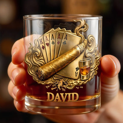 Savor The Taste Of Victory Playing Cards And Cigar Design - Personalized Custom Whiskey Glass - HOB225_RWG