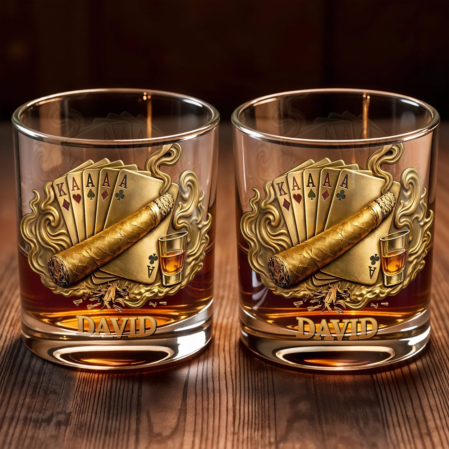 Savor The Taste Of Victory Playing Cards And Cigar Design - Personalized Custom Whiskey Glass - HOB225_RWG