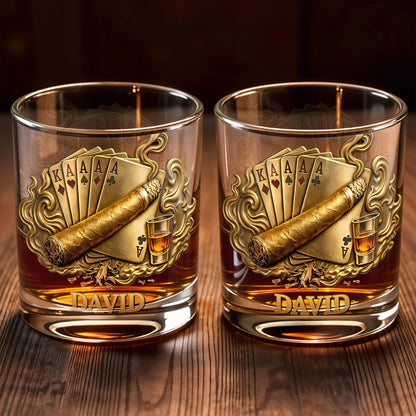 Savor The Taste Of Victory Playing Cards And Cigar Design - Personalized Custom Whiskey Glass - HOB225_RWG