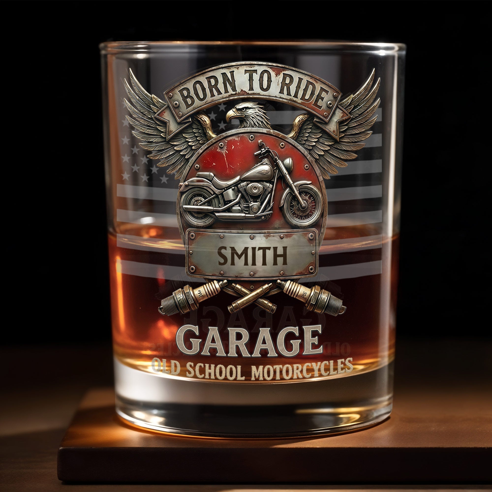 Born To Ride Garage Old School Motorcycles Eagle And Biker Design - Personalized Custom Whiskey Glass - HOB228_RWG