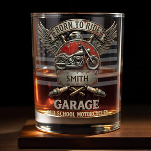 Born To Ride Garage Old School Motorcycles Eagle And Biker Design - Personalized Custom Whiskey Glass - HOB228_RWG