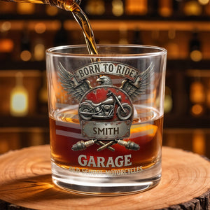 Born To Ride Garage Old School Motorcycles Eagle And Biker Design - Personalized Custom Whiskey Glass - HOB228_RWG