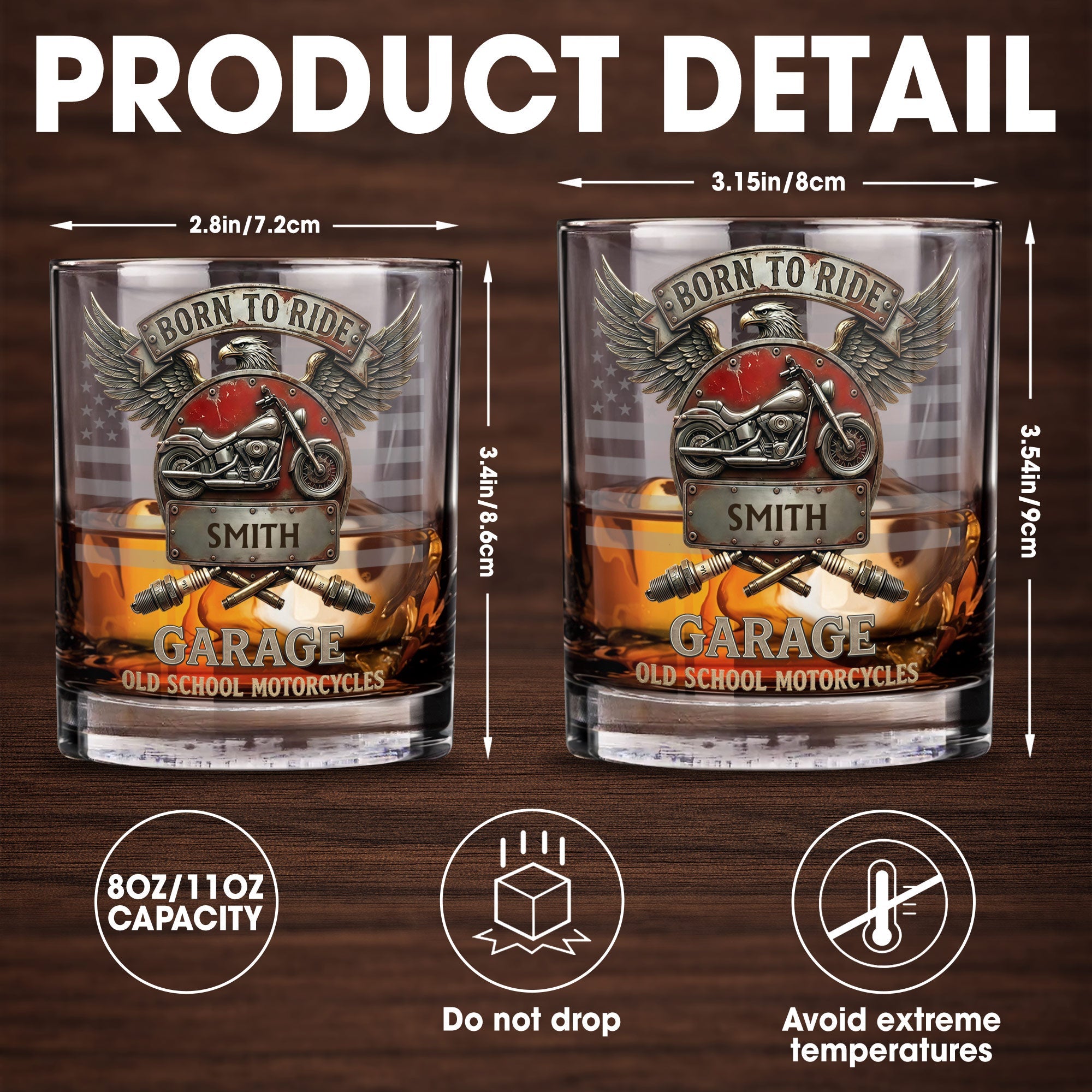 Born To Ride Garage Old School Motorcycles Eagle And Biker Design - Personalized Custom Whiskey Glass - HOB228_RWG