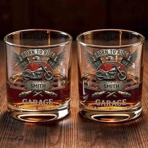 Born To Ride Garage Old School Motorcycles Eagle And Biker Design - Personalized Custom Whiskey Glass - HOB228_RWG