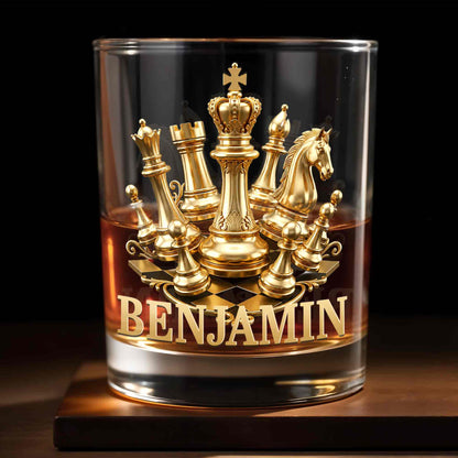 A Classic Match With Gold Chess Pieces And Custom Name - Personalized Custom Whiskey Glass - HOB305_RWG